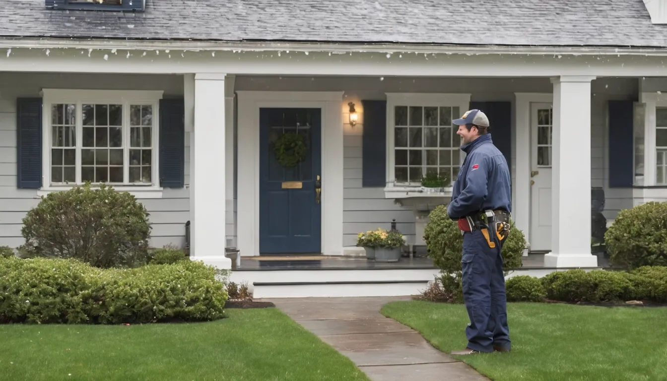 A friendly provider talking with a homeowner at the front door of a New England style home in Middletown